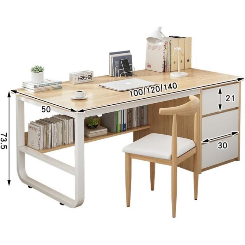 Home Office Desk with 3 Drawers And Bottom Open Shelf Wooden Computer Table with Storage Space Heavy Duty Office Table (Khaki - 140 50cm)