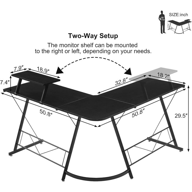 L-Shaped Gaming Desk Compatible for PC, Computer & Home Office Workstation - Heavy-Duty - with Adjustable Monitor Shelf, Space-Saving Easy Assembly (Black) - Sturdy MDF Board & Metal Frame, 500 Weight Capacity)