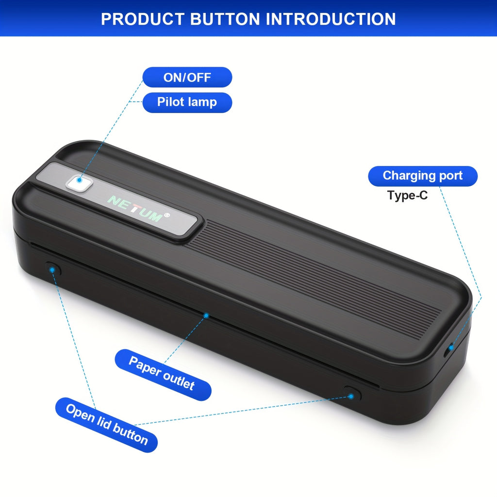 NETUM A4 Portable Thermal Printer - Wireless and USB Connection, Multi-Size Printing, Roll/Fold Paper Compatible, Ink-Free Monochrome Output, Supports PDF/Word/Excel/JPG, 203dpi High Definition Print, Built-in 2600mAh Recharg