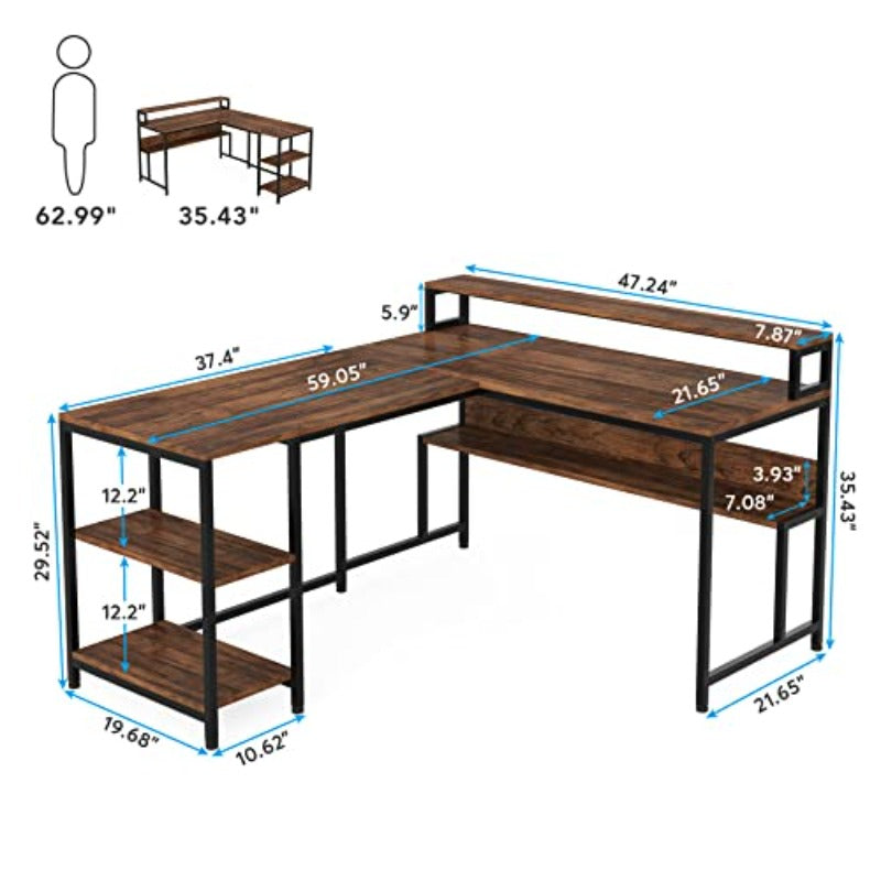 Y150CM Reversible L Shaped Desk, a Computer Table Featuring a Bookshelf And Monitor Shelf, Designed As an Industrial Desk in The Corner with Space for a Printer, Perfect for Home Office Use And Easy to Put Together