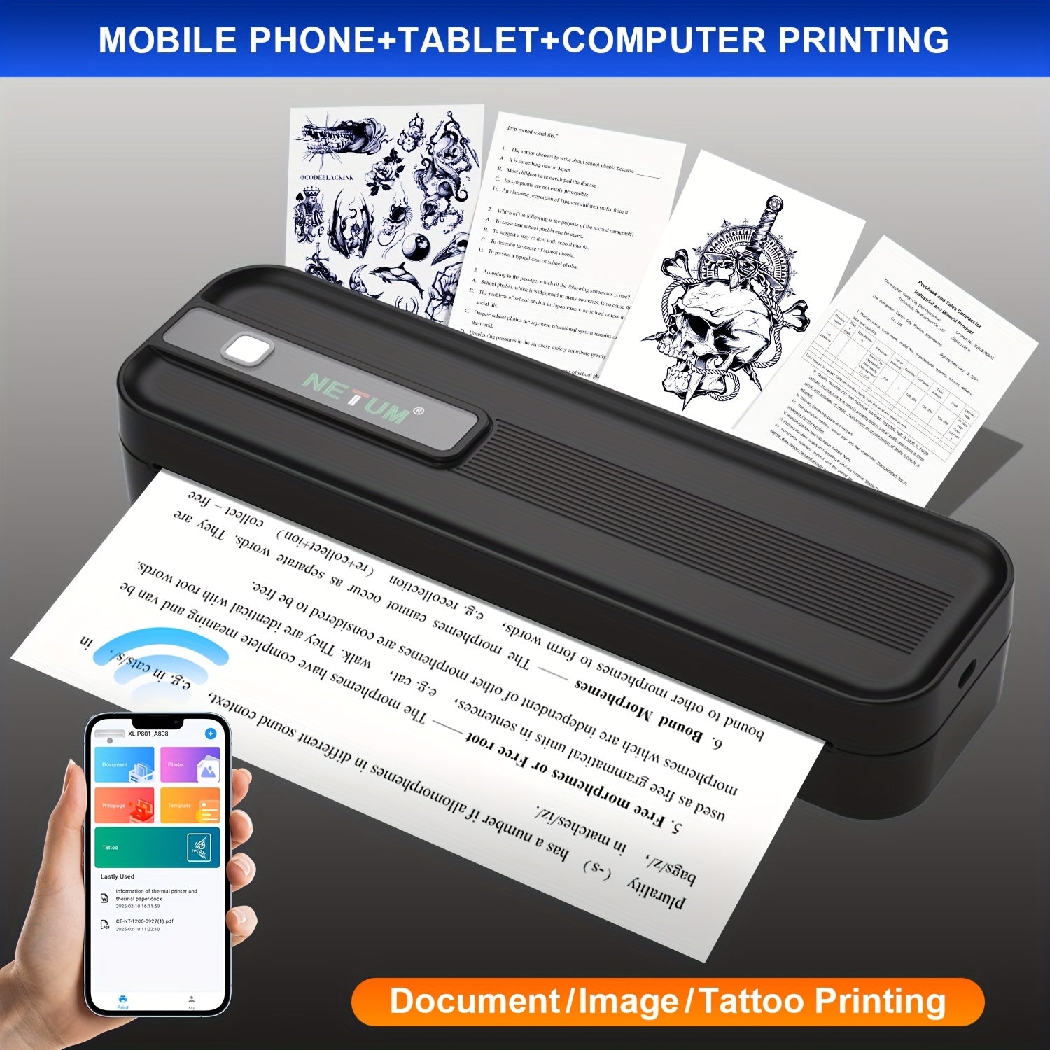 NETUM A4 Portable Thermal Printer - Wireless and USB Connection, Multi-Size Printing, Roll/Fold Paper Compatible, Ink-Free Monochrome Output, Supports PDF/Word/Excel/JPG, 203dpi High Definition Print, Built-in 2600mAh Recharg