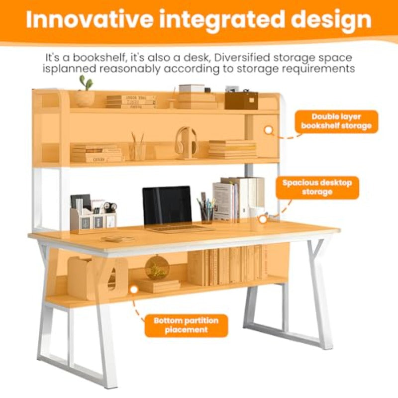 Modern Easy Office Desk | Computer Table with Bookshelf, Writing Desk for Home Office and Workstations, Small Space Study Table, 120*60*147.5cm (Maple)