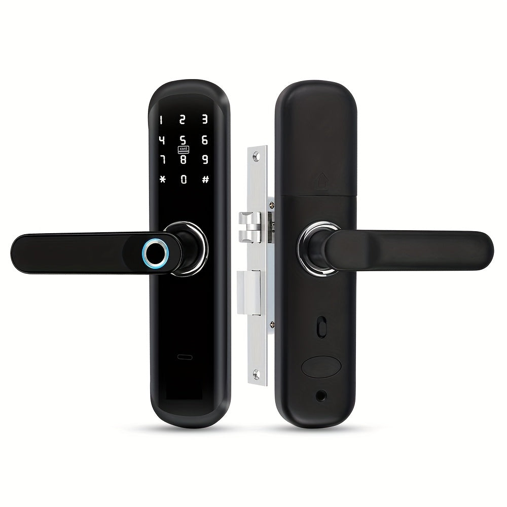 A Smart Door Lock with Five Unlocking Methods (Code, Fingerprint, Key, APP, RFID Card), a Fingerprint Door Lock, a Keyless Entry Lock with a Keypad, an App-Controlled TT Lock, Featuring NFC And a Reversible Handle, Suitable f