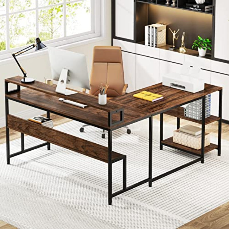 Y150CM Reversible L Shaped Desk, a Computer Table Featuring a Bookshelf And Monitor Shelf, Designed As an Industrial Desk in The Corner with Space for a Printer, Perfect for Home Office Use And Easy to Put Together