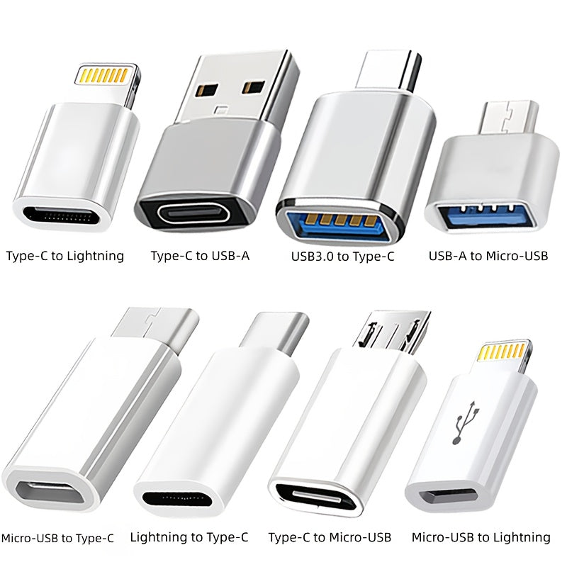 8pcs USB Type-C Adapter Set | USB-C to Lightning, Micro USB to USB-C, USB OTG, USB-C Male to USB 3.0 Female Adapters for Quick Charging and Data Transfer on Laptops and Phones