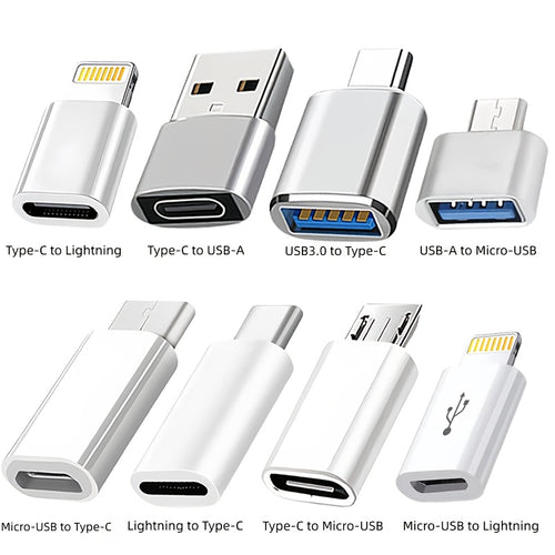 8pcs USB Type-C Adapter Set | USB-C to Lightning, Micro USB to USB-C, USB OTG, USB-C Male to USB 3.0 Female Adapters for Quick Charging and Data Transfer on Laptops and Phones