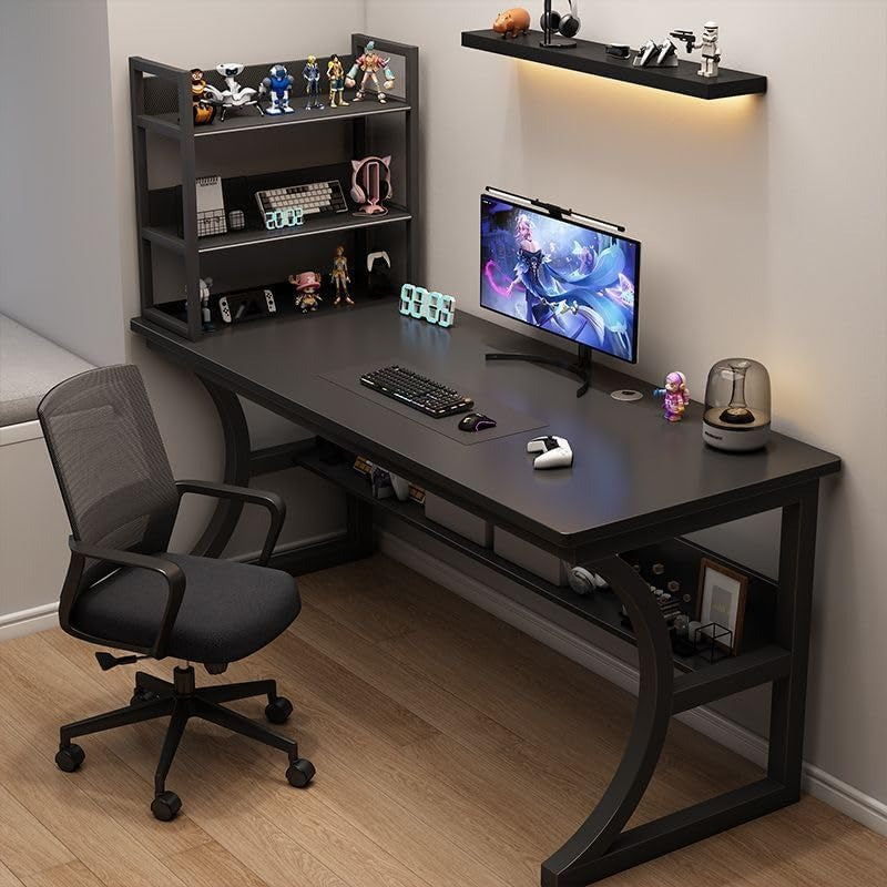 C-Shaped Wooden Computer Desk with Storage Shelf | Ergonomic Workstation for Gamers and Students, Rounded Corners, Easy Assembly, Sturdy Design, Vintage Style, Mixed Color