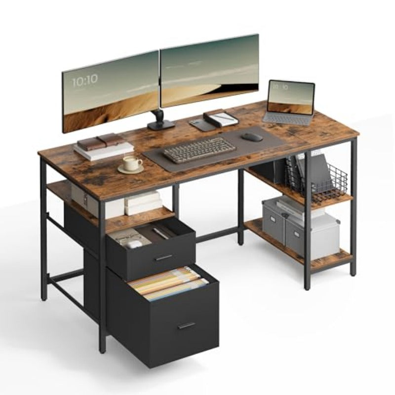 Modern Industrial Computer Desk with Storage - Rustic Brown & Black Table, 3-Shelf & 2-Drawer Storage, Sturdy Chipboard & Frame, Assembly Office Desk Suitable for Living Room, Computer Workstation