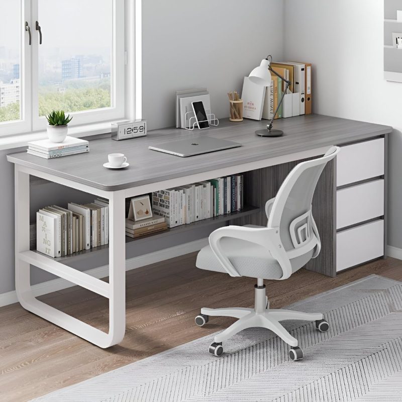 Home Office Desk with 3 Drawers And Bottom Open Shelf Wooden Computer Table with Storage Space Heavy Duty Office Table (Khaki - 140 50cm)