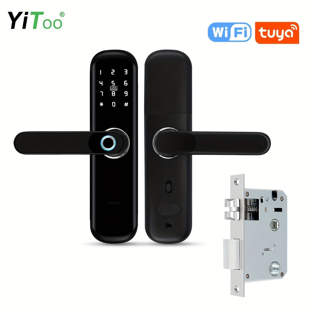 A Smart Door Lock with Five Unlocking Methods (Code, Fingerprint, Key, APP, RFID Card), a Fingerprint Door Lock, a Keyless Entry Lock with a Keypad, an App-Controlled TT Lock, Featuring NFC And a Reversible Handle, Suitable f