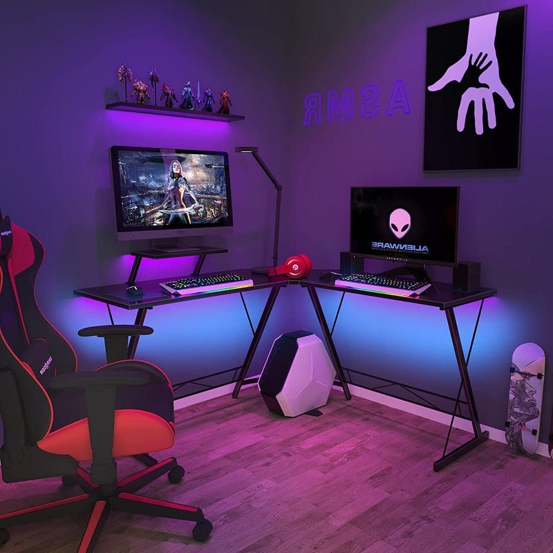 L-Shaped Gaming Desk Compatible for PC, Computer & Home Office Workstation - Heavy-Duty - with Adjustable Monitor Shelf, Space-Saving Easy Assembly (Black) - Sturdy MDF Board & Metal Frame, 500 Weight Capacity)