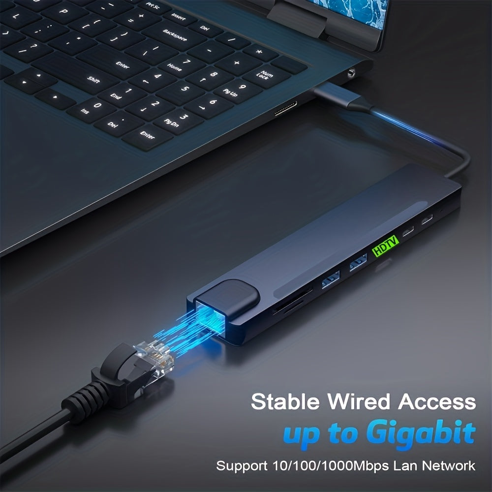 8-in-1 USB-C Hub, 4K HDTV, 100Mbps Ethernet Multi-Port Hub, 5Gbps USB-C and 2 USB-A Data Ports, PD 100W Charging, SD/TF Card Reader, LED Indicator, Compatible with MacBook, Dell, HP, Surface