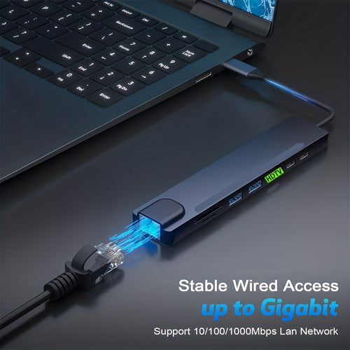 8-in-1 USB-C Hub, 4K HDTV, 100Mbps Ethernet Multi-Port Hub, 5Gbps USB-C and 2 USB-A Data Ports, PD 100W Charging, SD/TF Card Reader, LED Indicator, Compatible with MacBook, Dell, HP, Surface