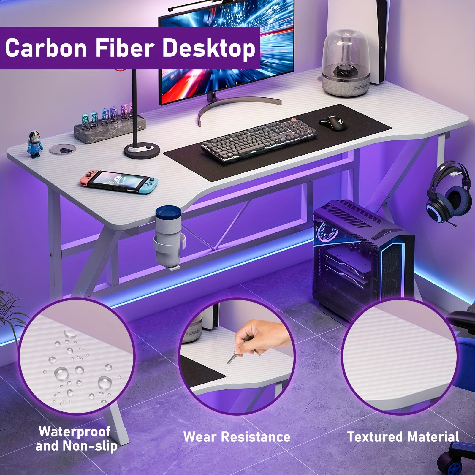 LAFULAIFU Computer Table - 110Cm/140Cm Desk Designed for Computers, Featuring a Headphone Hook And Cup Holder. It Boasts a Robust Metal And Wood Build, with a Modern Gaming Style Available in White Or Black