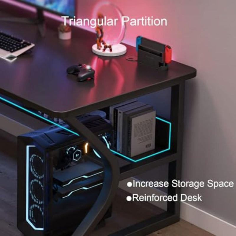 C-Shaped Wooden Computer Desk with Storage Shelf | Ergonomic Workstation for Gamers and Students, Rounded Corners, Easy Assembly, Sturdy Design, Vintage Style, Mixed Color