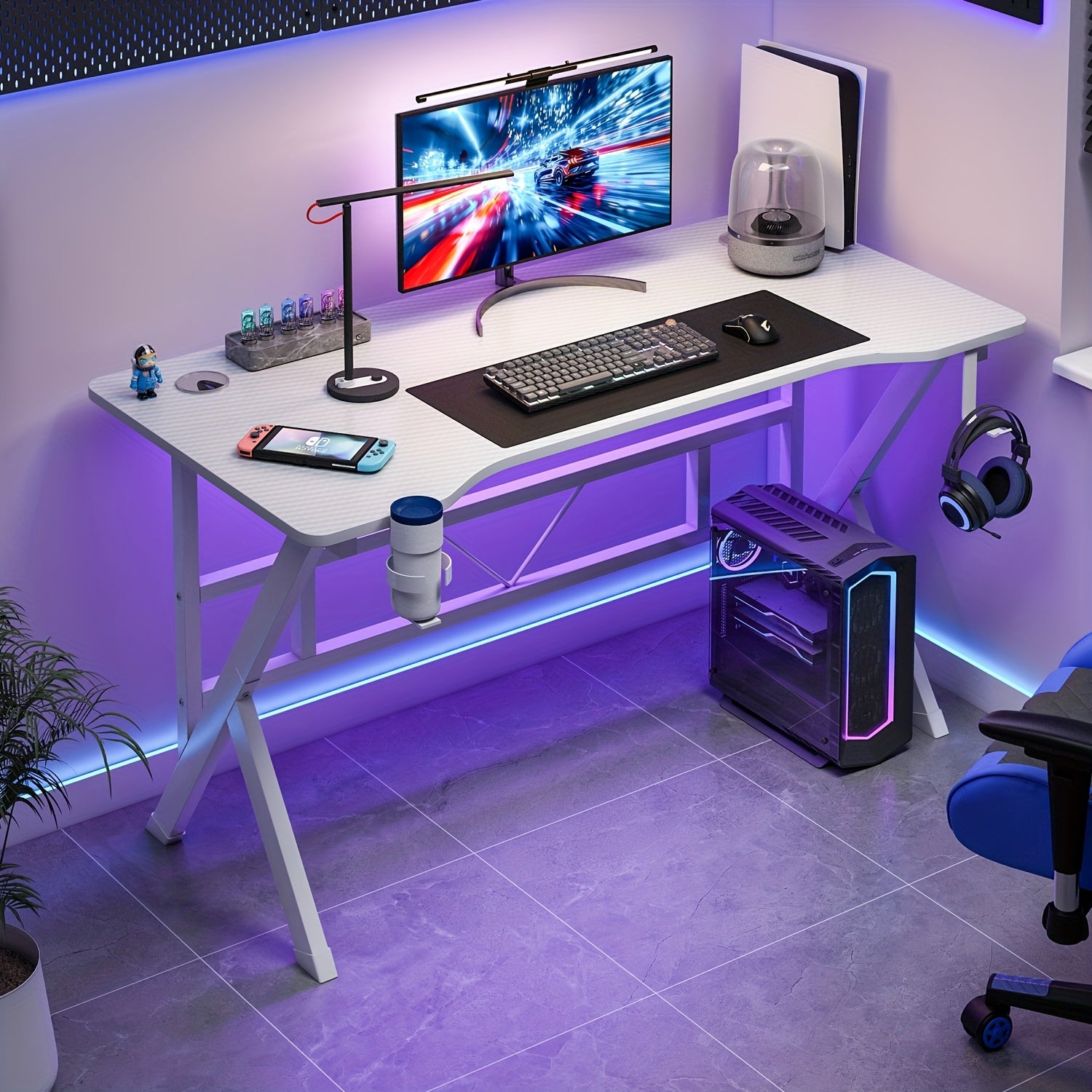 LAFULAIFU Computer Table - 110Cm/140Cm Desk Designed for Computers, Featuring a Headphone Hook And Cup Holder. It Boasts a Robust Metal And Wood Build, with a Modern Gaming Style Available in White Or Black