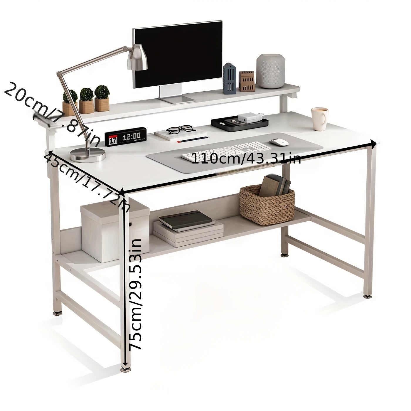 LAFULAIFU Gaming Desk with Double Layer Metal Frame Office Table Carbon Fiber Surface 3 Heights Adjustable Monitor Rack Study Desk Ergonomic Table with Storage Tier 110*45*75cm
