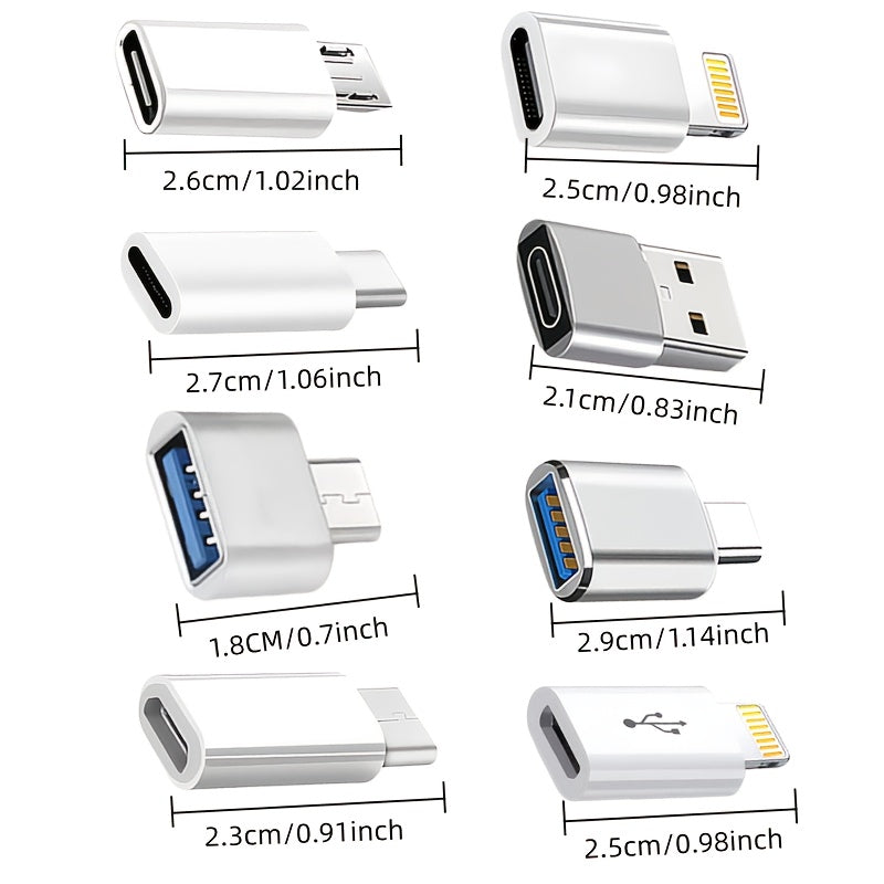8pcs USB Type-C Adapter Set | USB-C to Lightning, Micro USB to USB-C, USB OTG, USB-C Male to USB 3.0 Female Adapters for Quick Charging and Data Transfer on Laptops and Phones