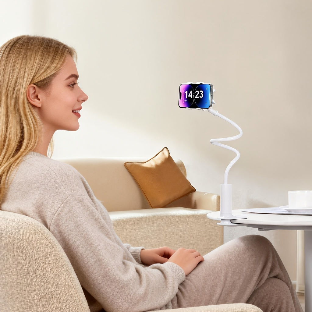 White minimalist ABS flexible gooseneck phone holder clamped to a table, used hands-free.