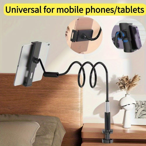 Sturdy black flexible gooseneck tablet and phone stand clamped to a wooden bedside table, holding a white tablet.