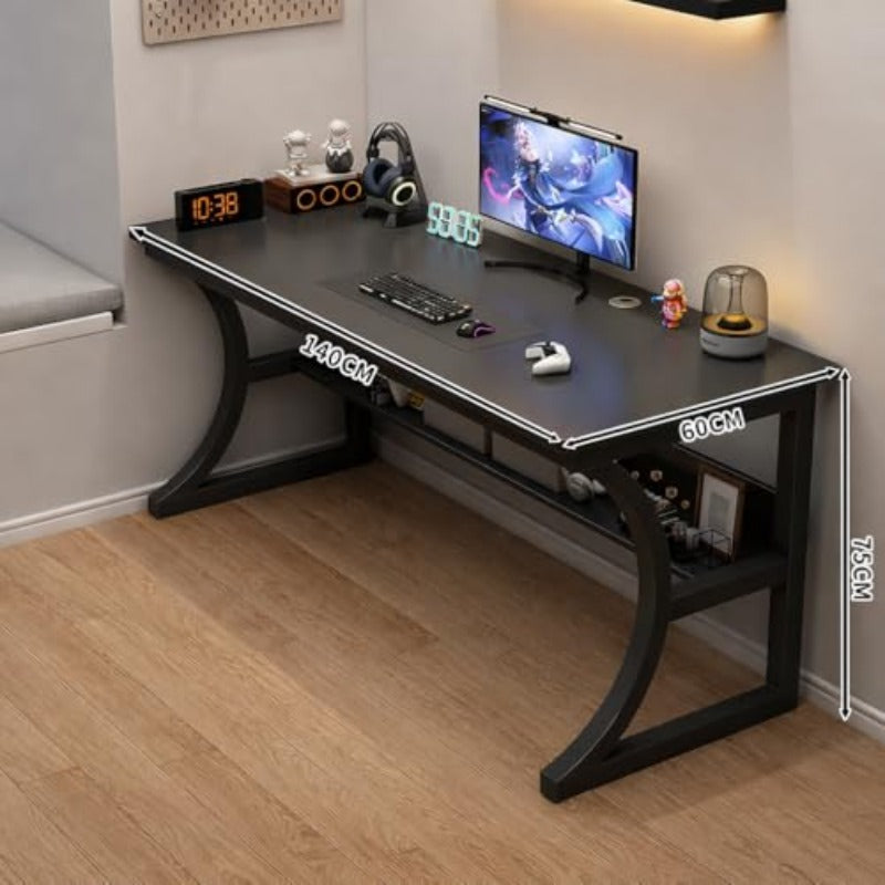 C-Shaped Wooden Computer Desk with Storage Shelf | Ergonomic Workstation for Gamers and Students, Rounded Corners, Easy Assembly, Sturdy Design, Vintage Style, Mixed Color