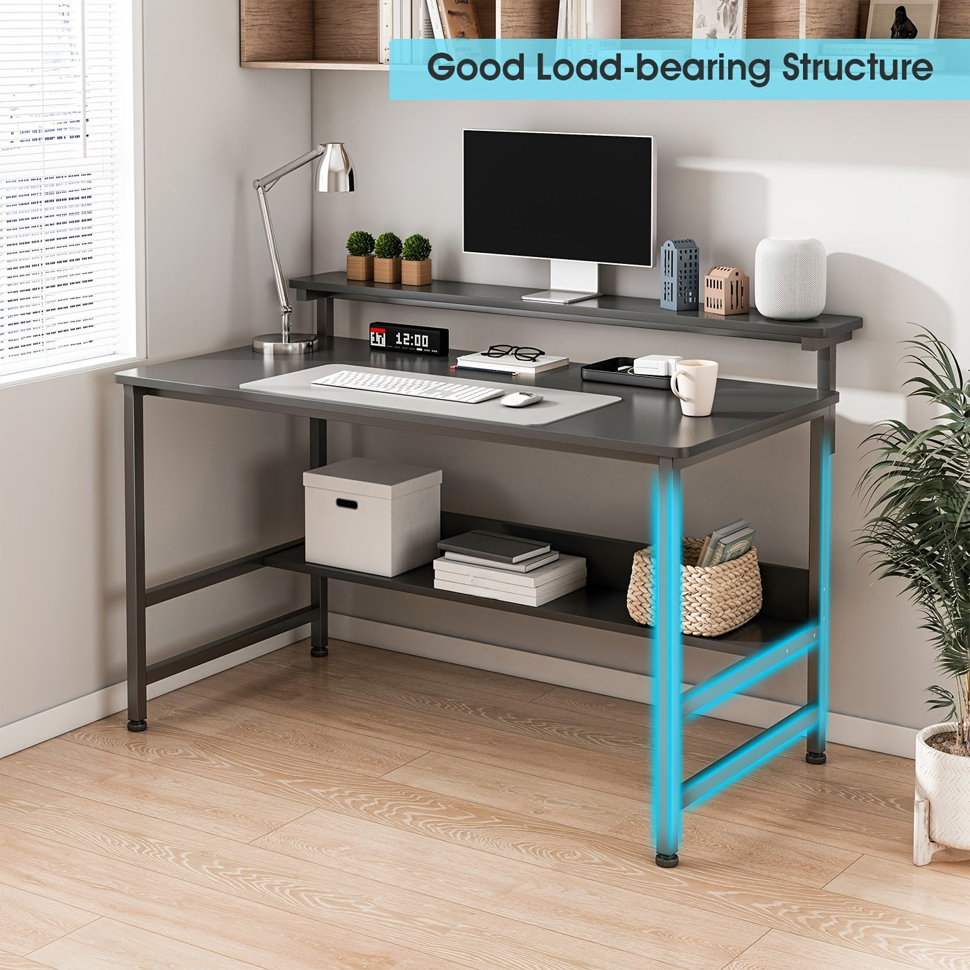 LAFULAIFU Gaming Desk with Double Layer Metal Frame Office Table Carbon Fiber Surface 3 Heights Adjustable Monitor Rack Study Desk Ergonomic Table with Storage Tier 110*45*75cm