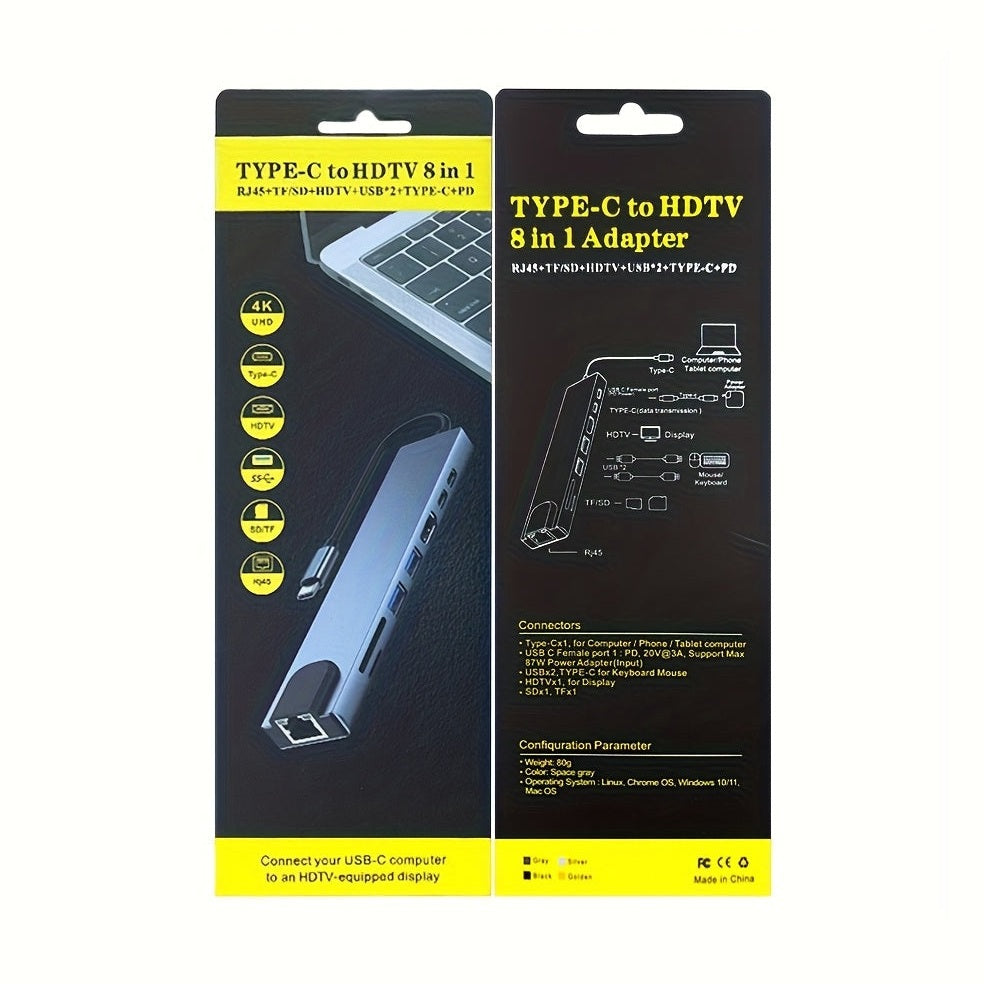 8-in-1 USB-C Hub, 4K HDTV, 100Mbps Ethernet Multi-Port Hub, 5Gbps USB-C and 2 USB-A Data Ports, PD 100W Charging, SD/TF Card Reader, LED Indicator, Compatible with MacBook, Dell, HP, Surface