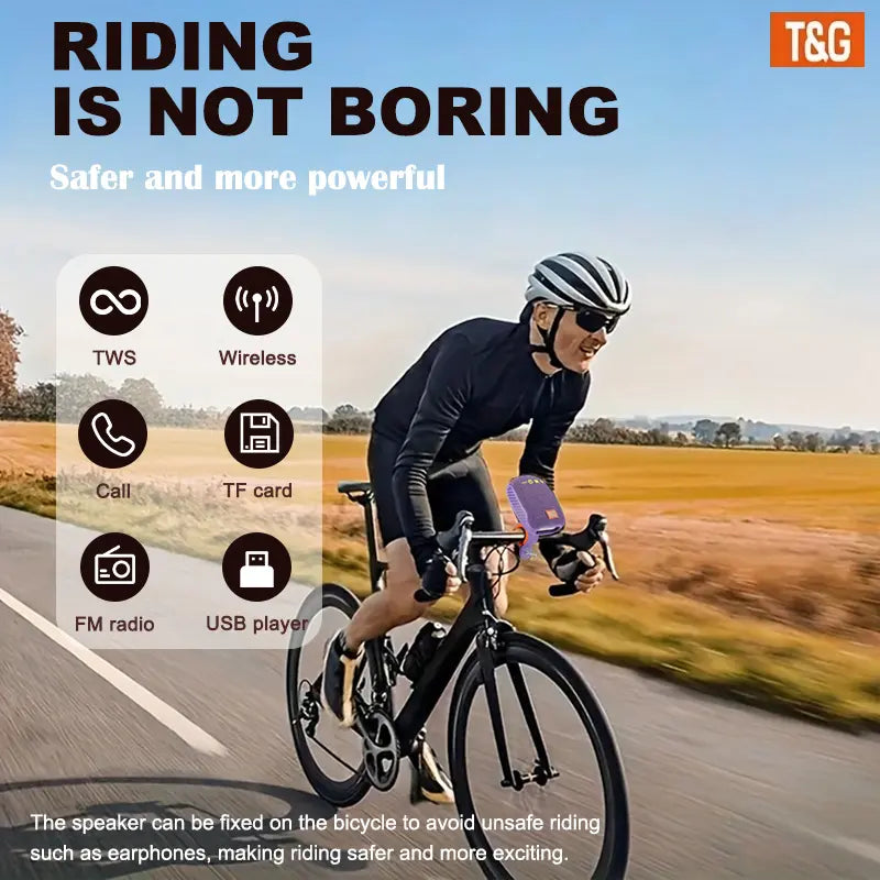T&G 392 Outdoor Cycling Compact Wireless Speaker - IPX5 Waterproof Audio Device with TWS Music Player, FM, TF Card, USB Drive Support for Phone, Tablet Connection
