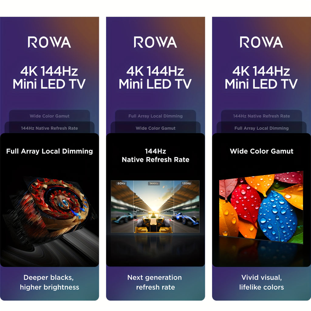 ROWA 65R85 65-Inch 4K Smart TV with Google TV, Mini LED Backlight, Quantum HDR 10+, 144Hz Gaming Monitor, MEMC/Slow Motion, Atmos Sound, Wide Color Gamut, HDTV//, 2025 Model (Wall-Mountable) for Home Theater &