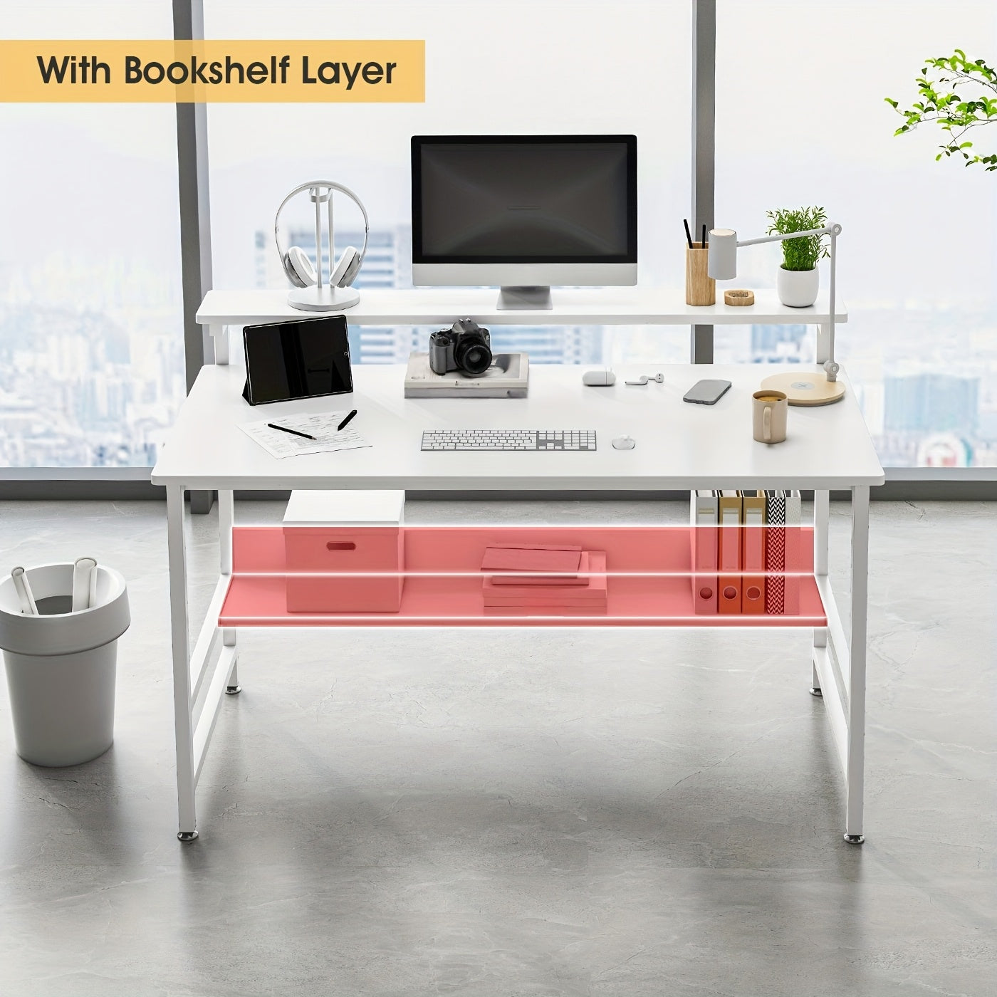 LAFULAIFU Gaming Desk with Double Layer Metal Frame Office Table Carbon Fiber Surface 3 Heights Adjustable Monitor Rack Study Desk Ergonomic Table with Storage Tier 110*45*75cm