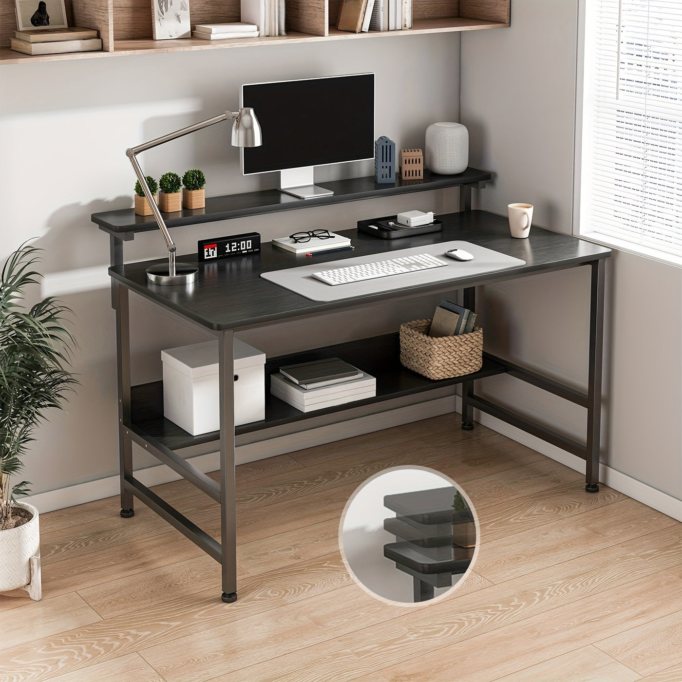 LAFULAIFU Gaming Desk with Double Layer Metal Frame Office Table Carbon Fiber Surface 3 Heights Adjustable Monitor Rack Study Desk Ergonomic Table with Storage Tier 110*45*75cm