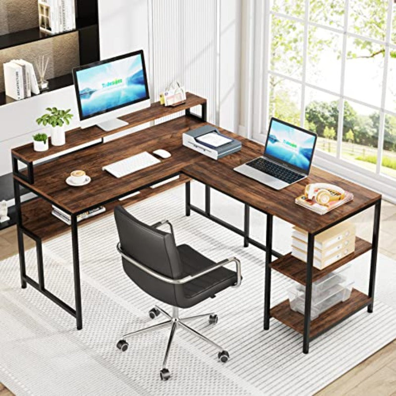 Y150CM Reversible L Shaped Desk, a Computer Table Featuring a Bookshelf And Monitor Shelf, Designed As an Industrial Desk in The Corner with Space for a Printer, Perfect for Home Office Use And Easy to Put Together