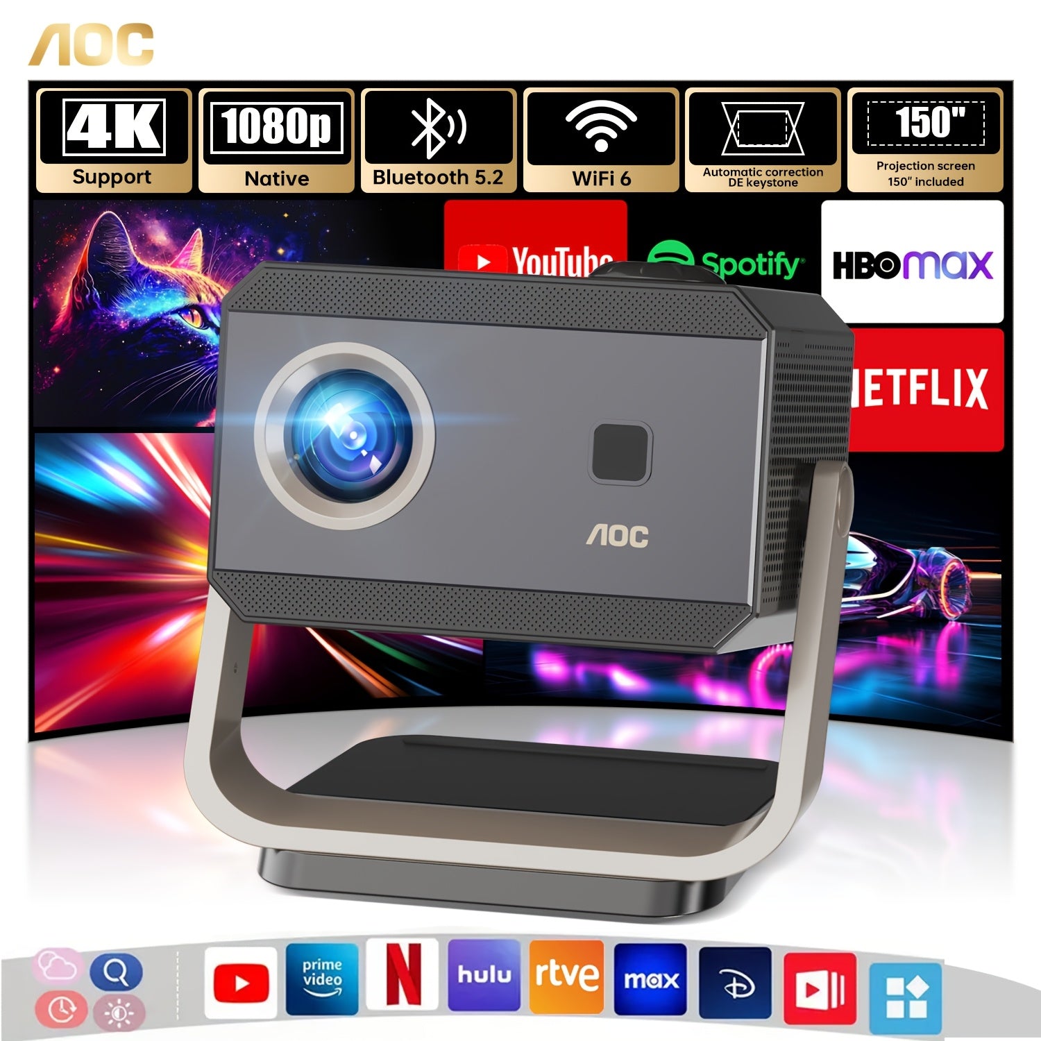 2025 Smart Full HD/4K Projector with Auto Calibration, 6 & BT 5.2, Built-in Speakers & LCD Display - Smart TV Projector Suitable for Theater, Gaming, Compatible with 4K Content