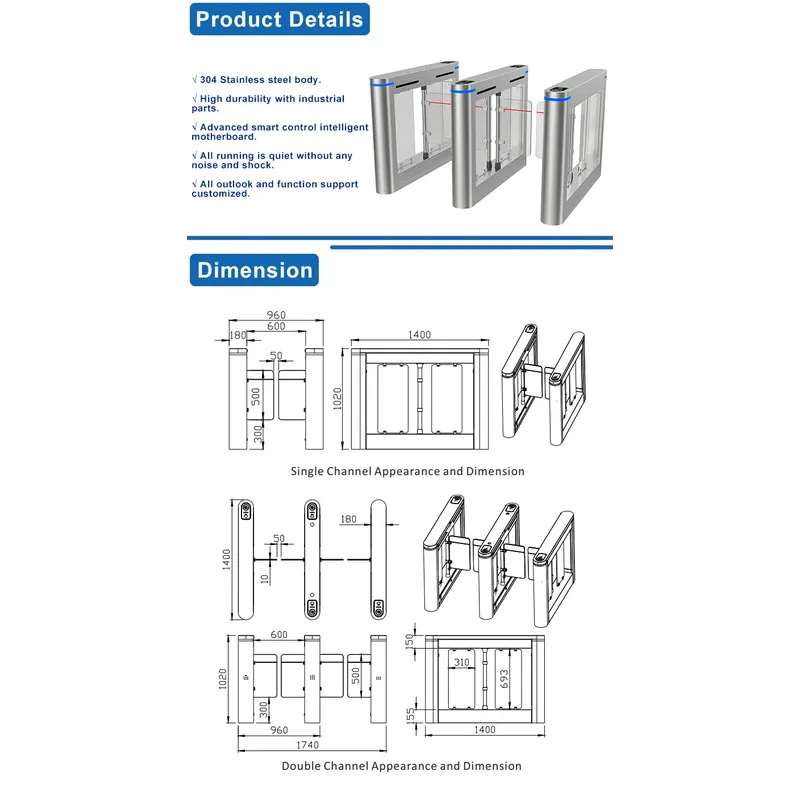 Fitness Center GYM Swing Barrier Swipe RFID Card Face Recognition Fingerprint Access Brushless Motor Swing Turnstile Gate