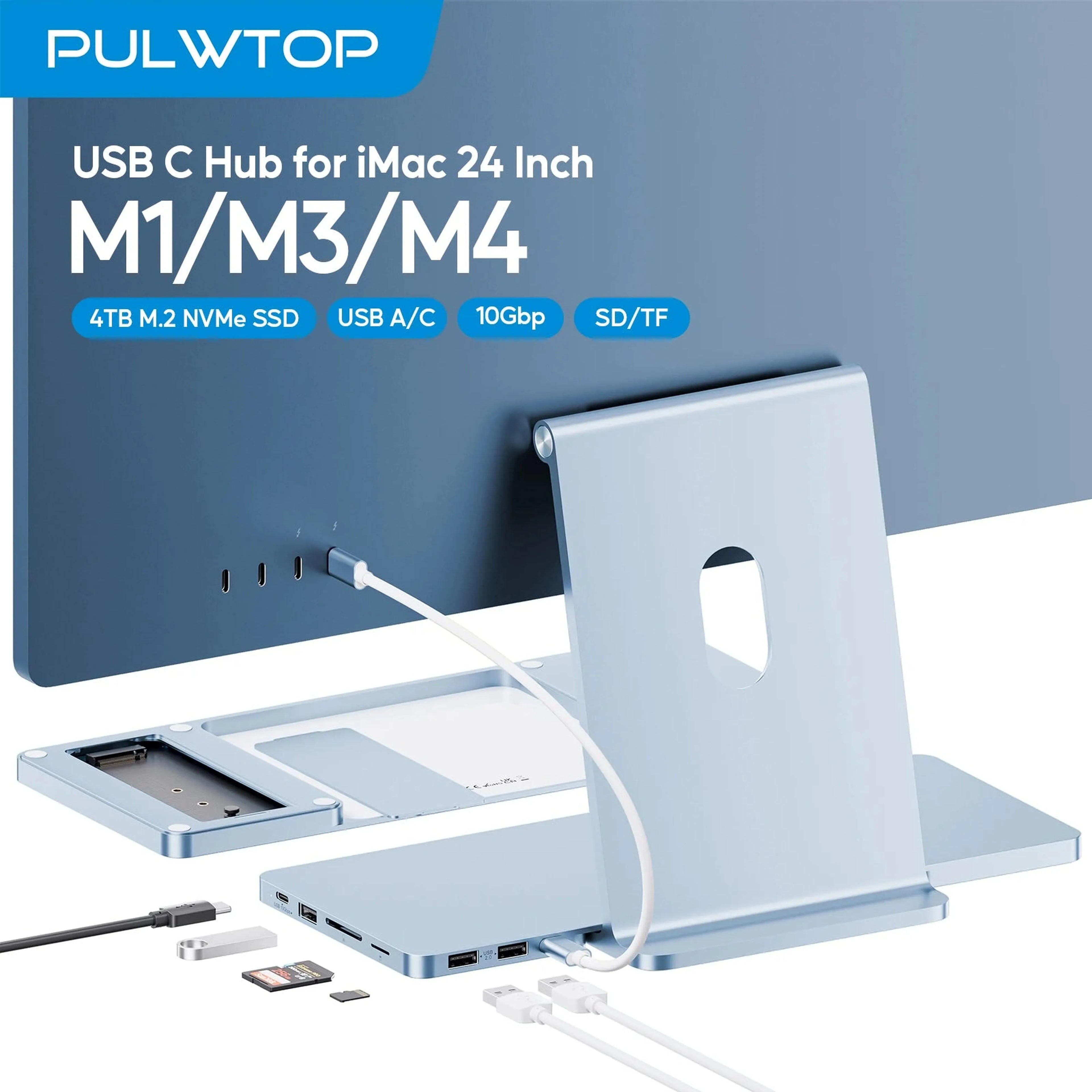 PULWTOP iMac USB C Hub with M.2 SSD Expansion (SSD Not Included), USB A/C 3.2 10Gbps, USB A 2.0, SD/TF for iMac 24 inch M1 M3 M4
