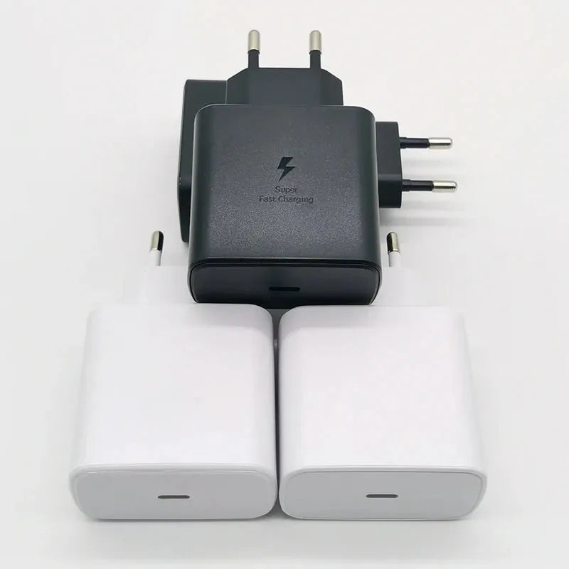 Four rectangular Samsung 45W Super Fast Charge adapters: two white with USB-C ports, two black with EU plugs.