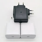 Four rectangular Samsung 45W Super Fast Charge adapters: two white with USB-C ports, two black with EU plugs.
