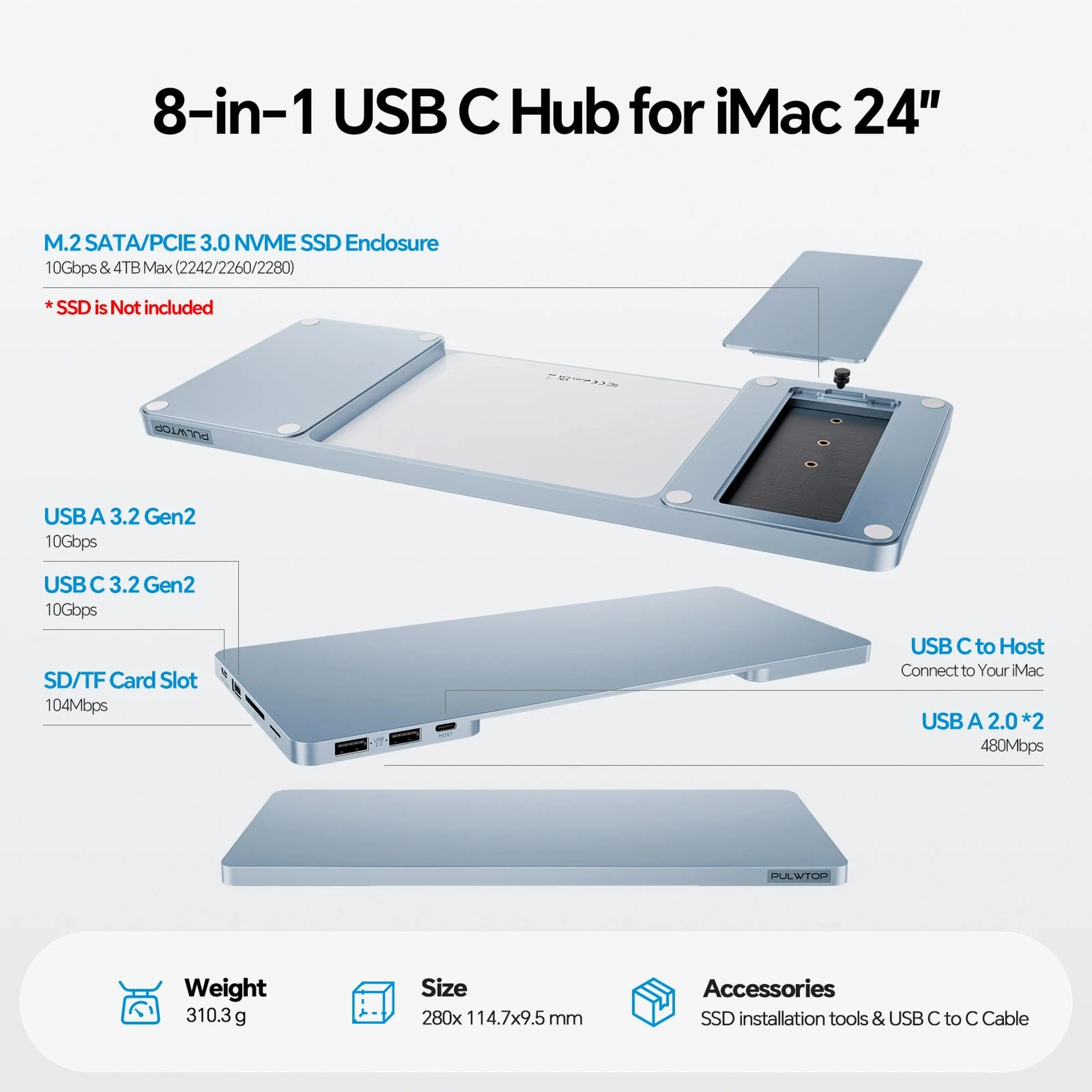 PULWTOP iMac USB C Hub with M.2 SSD Expansion (SSD Not Included), USB A/C 3.2 10Gbps, USB A 2.0, SD/TF for iMac 24 inch M1 M3 M4