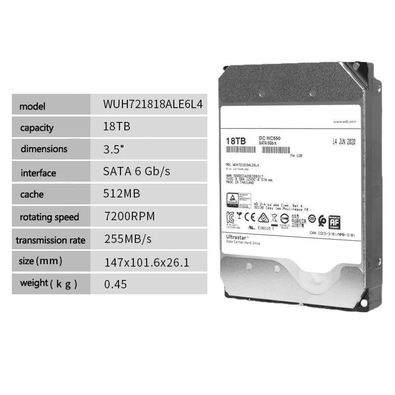 DC HC550 16TB 18TB  3.5 HDD SATA 7200RPM SATA 6Gb/s 512M Helium Sealed Enterprise 3.5&quot Hard Drive WUH721816ALE6L4