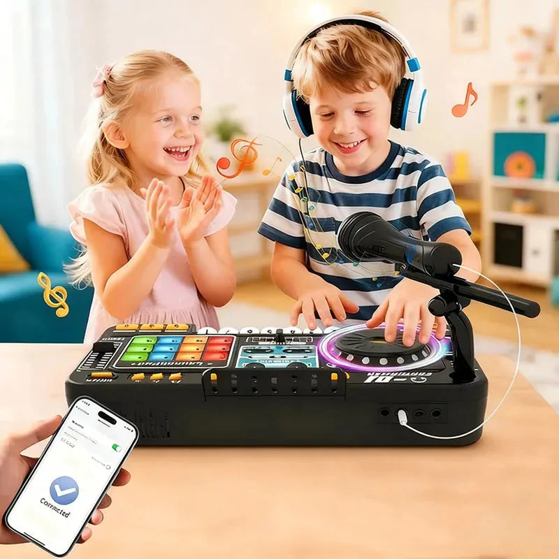 Kid DJ Mixer with Microphone Electronic Piano Keyboard Bluetooth DJ Turntable Console Junior Musical Instrument Christmas Gifts