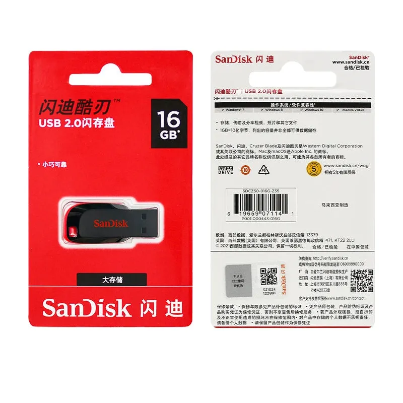 SanDisk USB2.0 FAT32 Cruzer CZ50 Flash Drive Compact Encrypted Flash Memory Stick USB2.0 PenDrive for Desktop Laptop