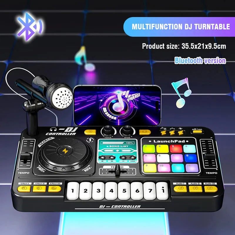 Kid DJ Mixer with Microphone Electronic Piano Keyboard Bluetooth DJ Turntable Console Junior Musical Instrument Christmas Gifts