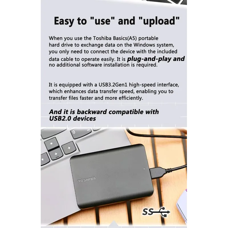 LS Toshiba A5 Series Small Black Portable Hard Drive, High-Speed USB 3.2 Gen1, 500GB/1TB/2TB Compatible With Mac