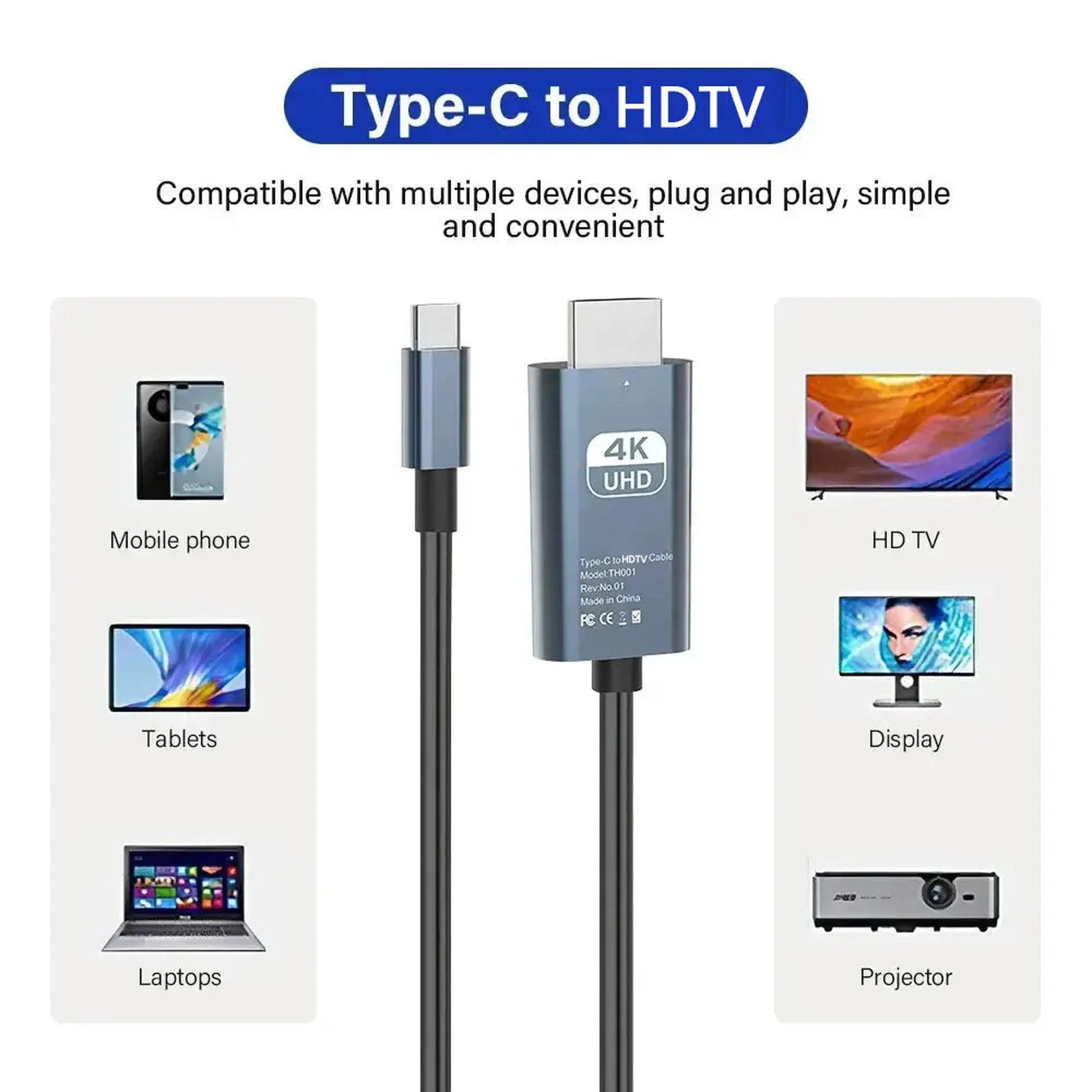 4K 60Hz 30Hz USB C to HDMI-compatible Cable Type C Adapter HDTV Converter Cable for iPhone 15 MacBook Air iPad Samsung Laptop