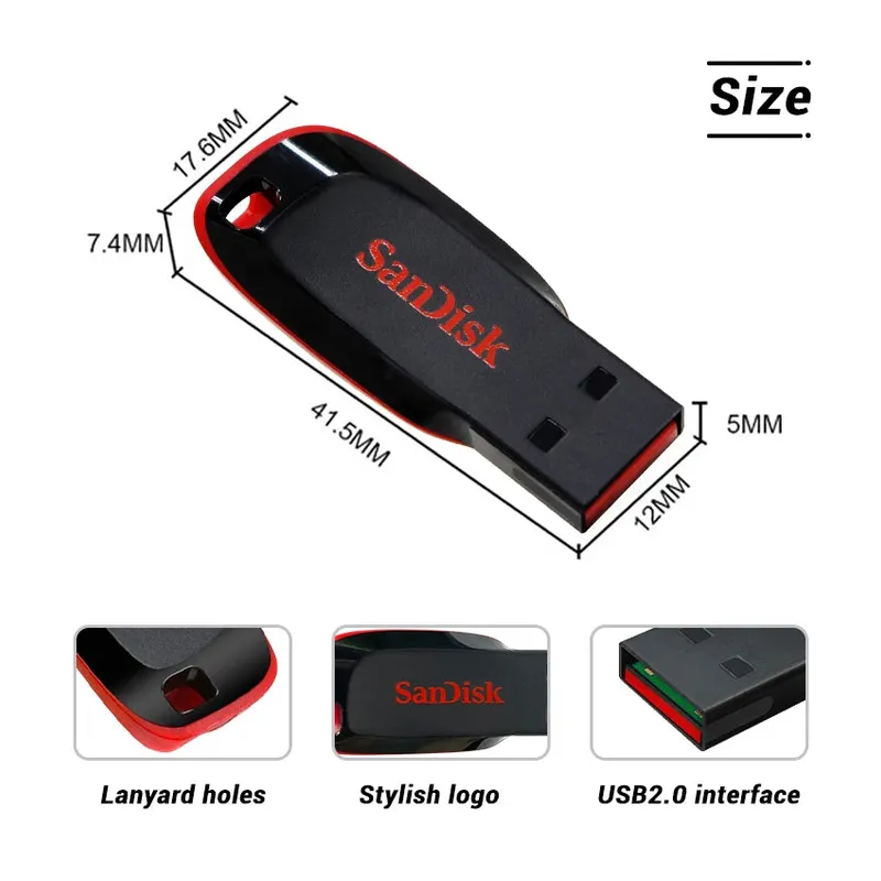 SanDisk USB2.0 FAT32 Cruzer CZ50 Flash Drive Compact Encrypted Flash Memory Stick USB2.0 PenDrive for Desktop Laptop