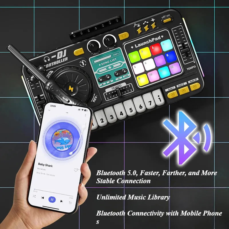Kid DJ Mixer with Microphone Electronic Piano Keyboard Bluetooth DJ Turntable Console Junior Musical Instrument Christmas Gifts