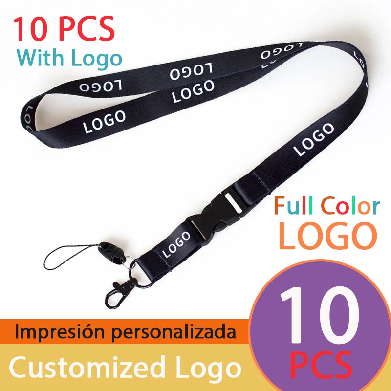 10 Pcs/lot Custom Logo Lanyard Black Metal Hook Colored Separable Smooth Material Neck Rope Keychain Personal Printing Landyard