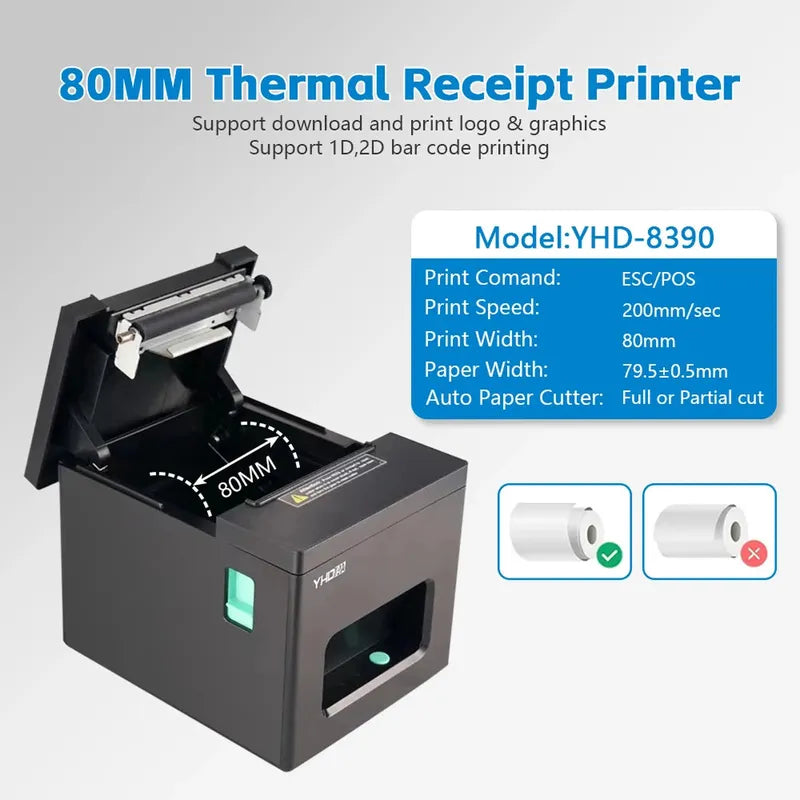 YHD-8390 Thermal Printer,80mm USB/USB+LAN/USB+BT/USB+BT+LAN+WIFI/USB+WIFI ESC/POS Printer, Compatible with Windows/Linux/MAC OS