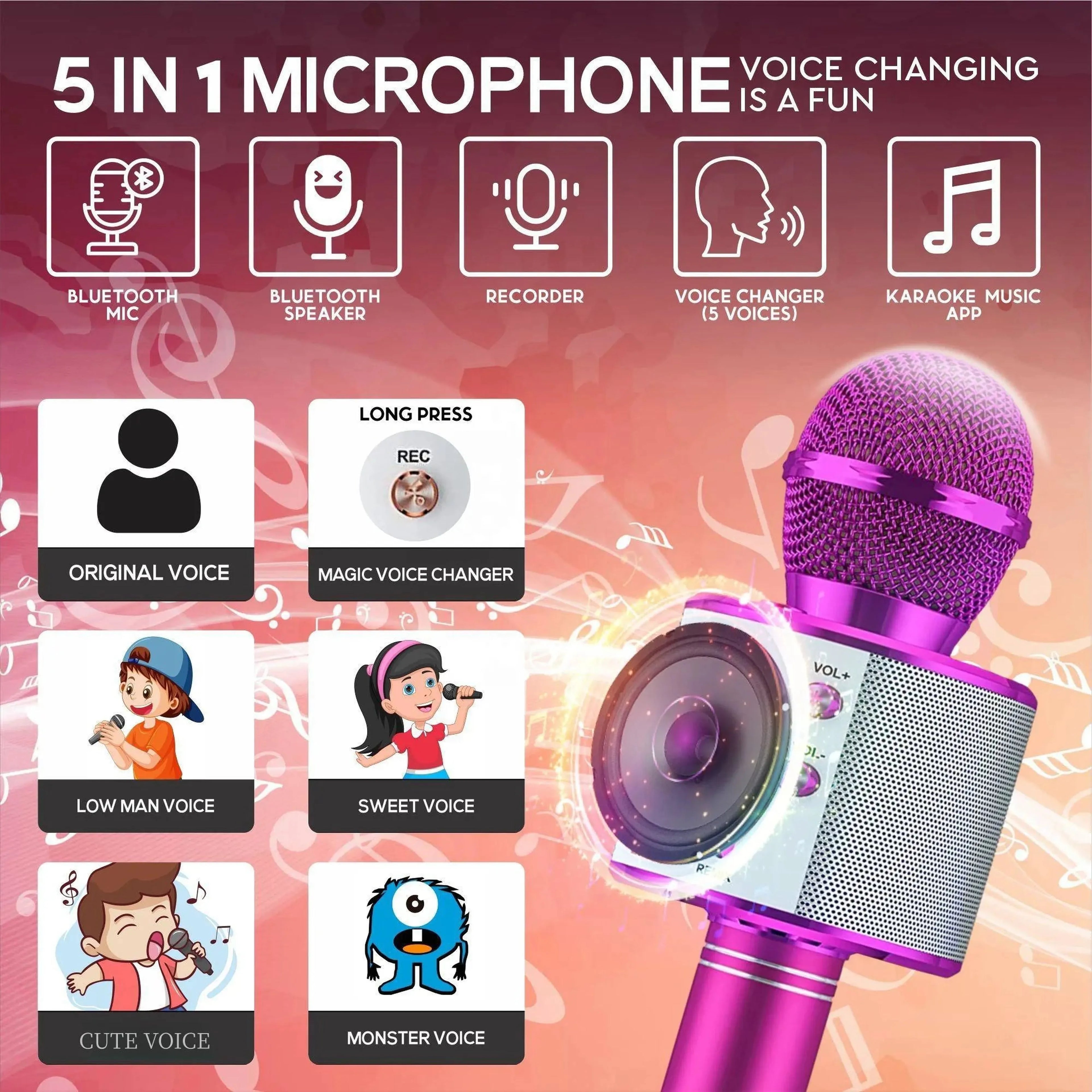 Wireless Karaoke Microphone  Bluetooth Speaker, Multi-Function Controls 5-in-1 portable Handheld Mic for singing For Party