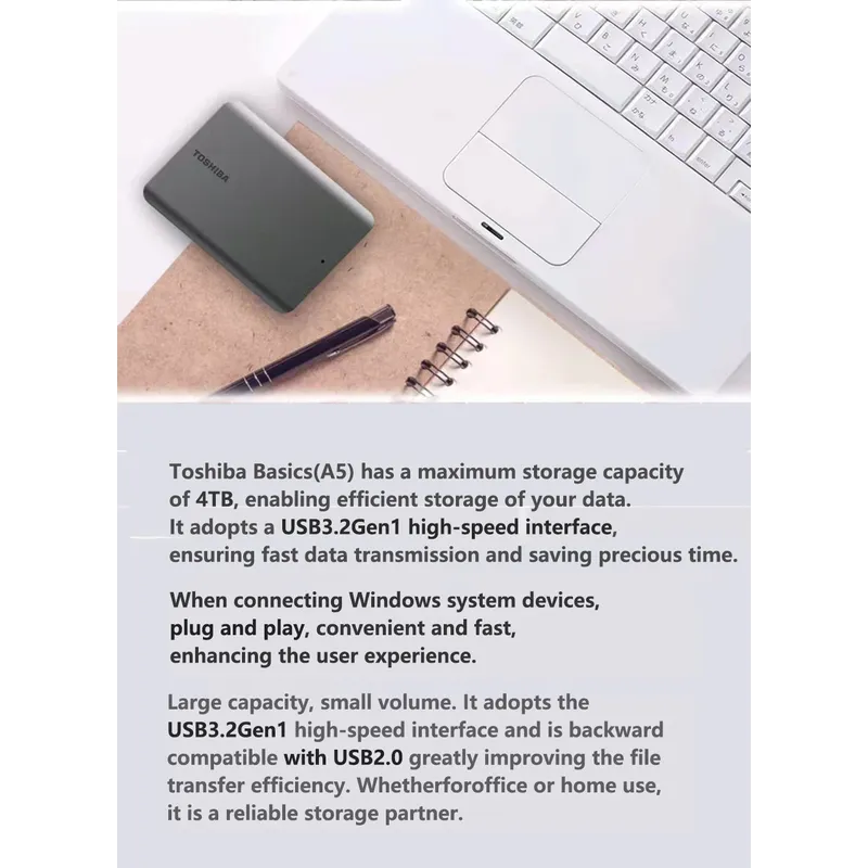 LS Toshiba A5 Series Small Black Portable Hard Drive, High-Speed USB 3.2 Gen1, 500GB/1TB/2TB Compatible With Mac